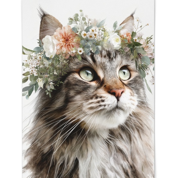 Watercolor Maine Coon Cat with Flower Crown Wall Art Print Unframed - Picture 2 of 6